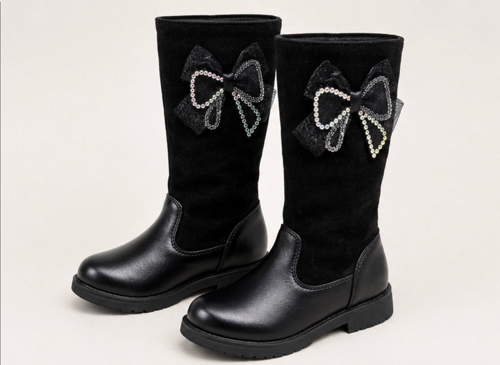 Black girls knee high boots with diamanté bow detail, chunky sole and soft suede style finish