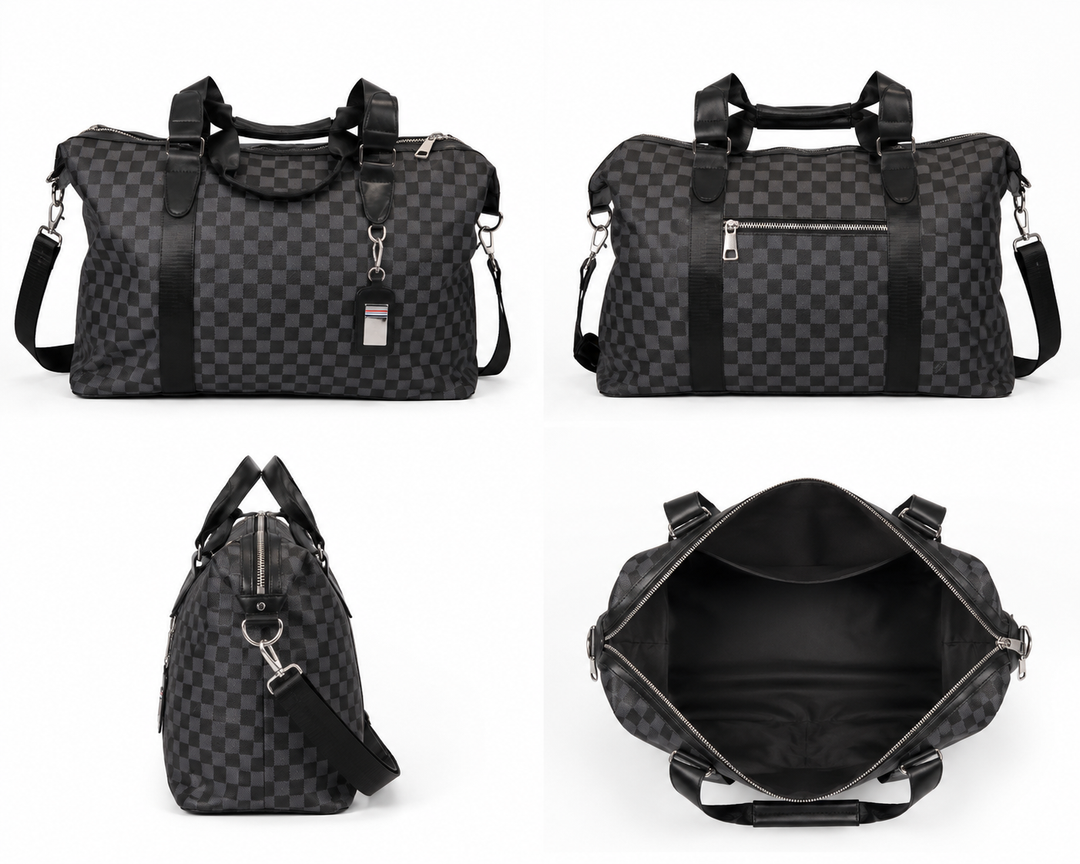 Luxury travel holdall weekend bag in checkerboard designs with detachable shoulder straps.