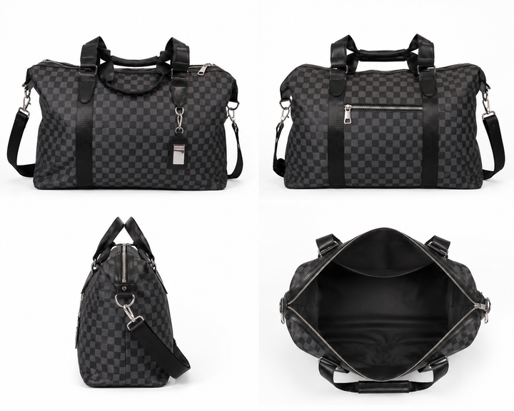 Luxury travel holdall weekend bag in checkerboard designs with detachable shoulder straps.