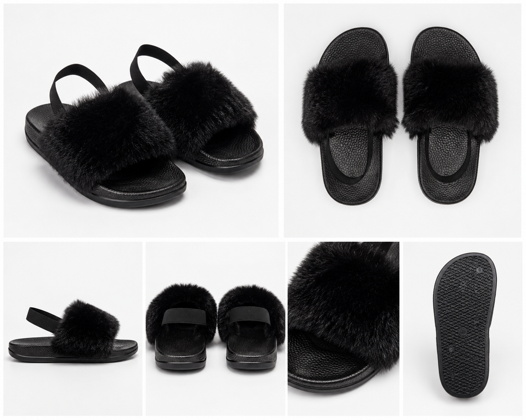 Black children’s fluffy faux fur sliders with elastic back strap