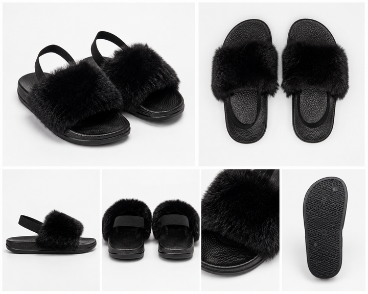 Black children’s fluffy faux fur sliders with elastic back strap