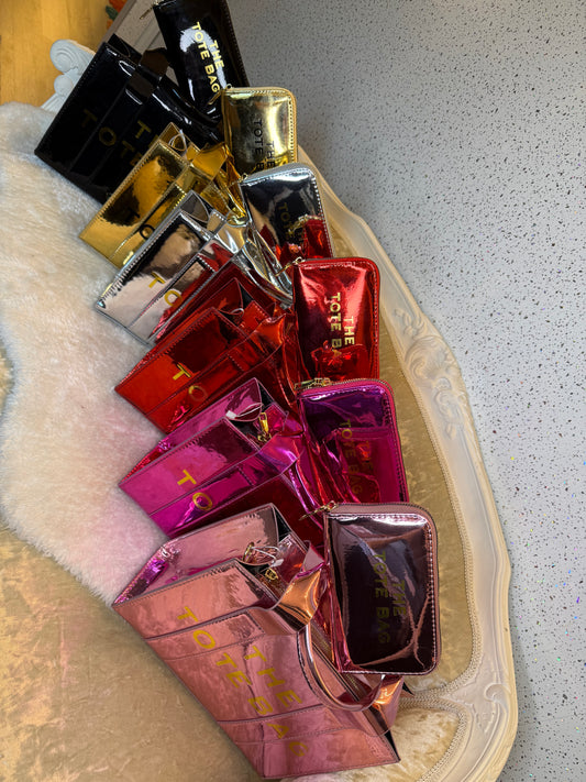 Metallic patent small tote bag and purse set