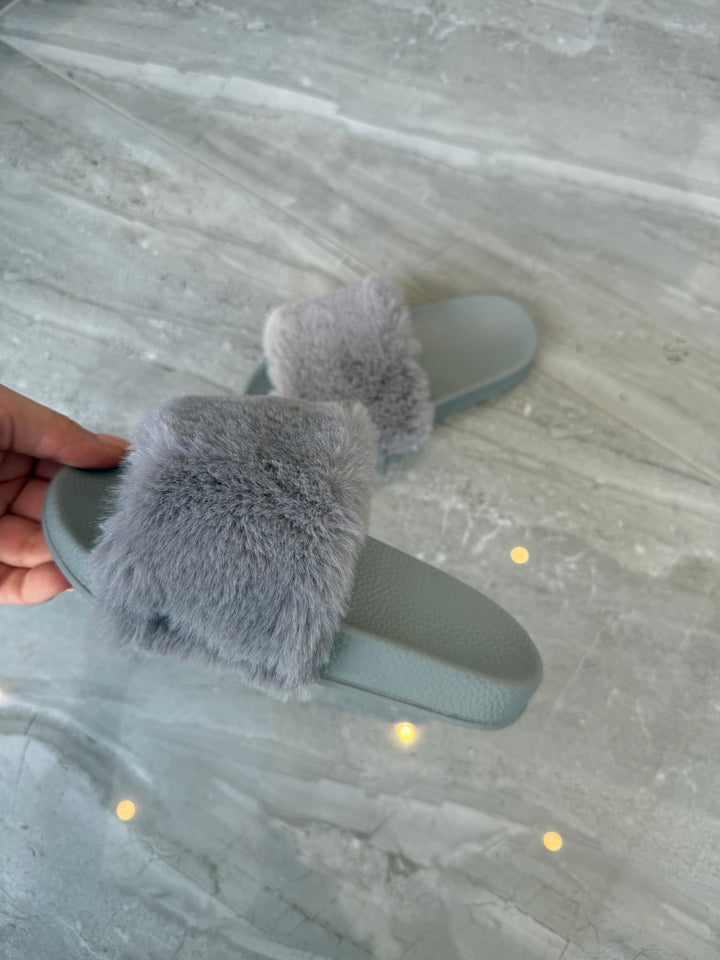 Little girls light grey faux fur slip on sliders 