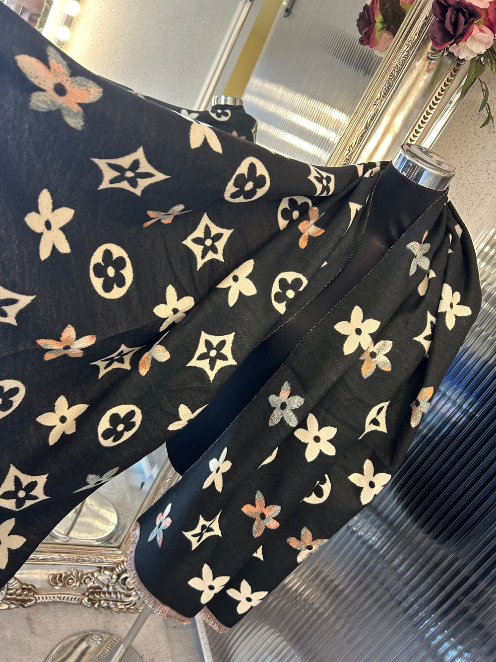 floral patterned scarf in black and beige large flower monogram 