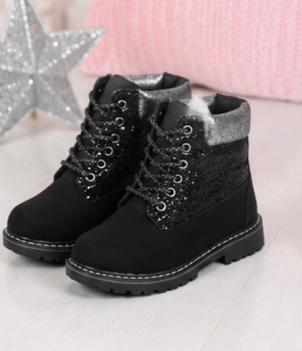 Girls glitter lace-up ankle boots in black and tan with chunky sole