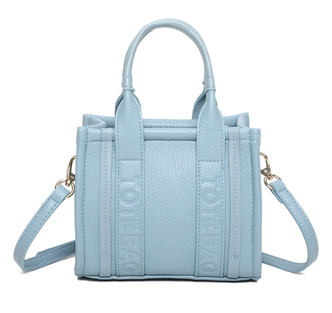 Blue tote bag text handbag with gold detail 