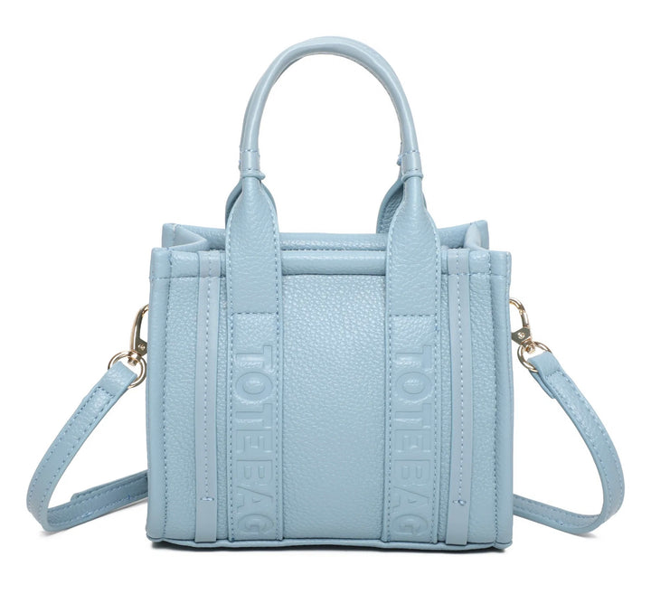 Blue tote bag text handbag with gold detail 