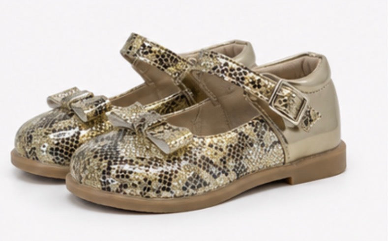 Girls glitter shoes with buckle strap and bow detail in gold snake print