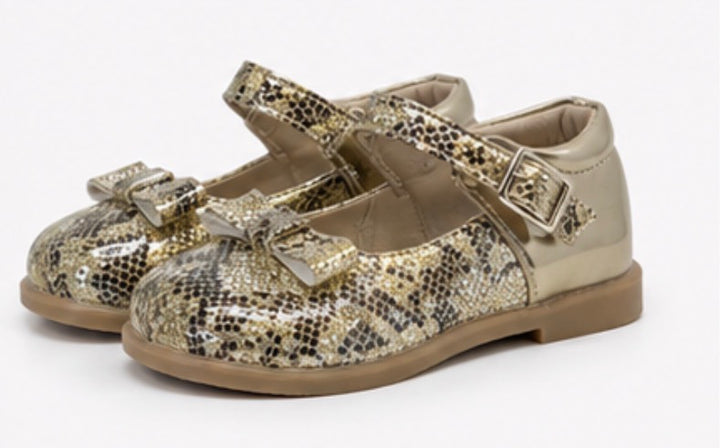 Girls glitter shoes with buckle strap and bow detail in gold snake print