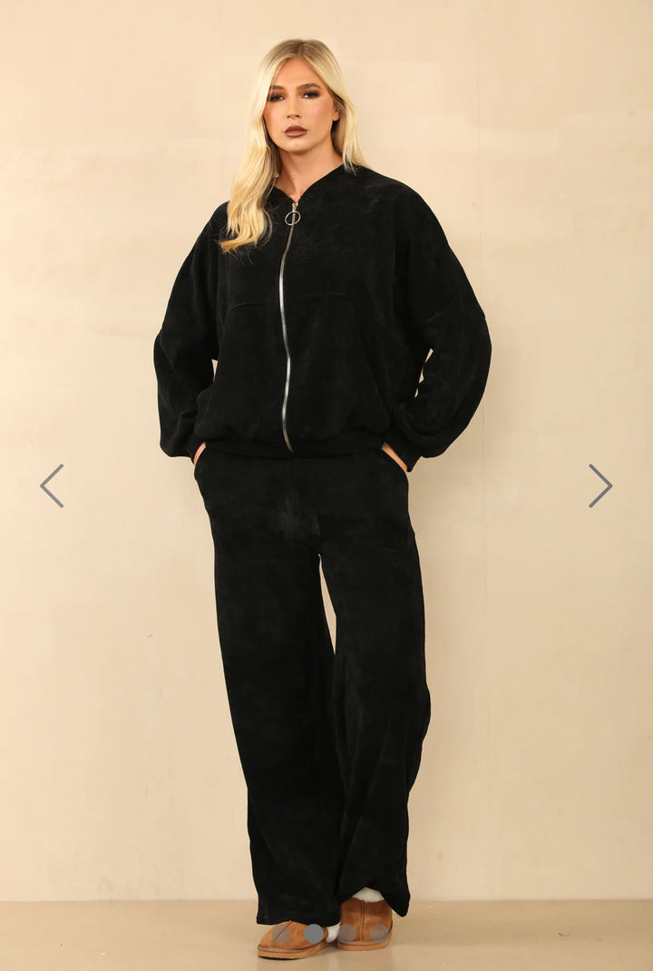 Black textured silver zip detail long wear set 