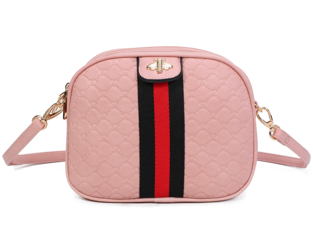 A pink quilted bee design cross body bag with a detachable and adjustable strap, featuring golden tone metal hardware.