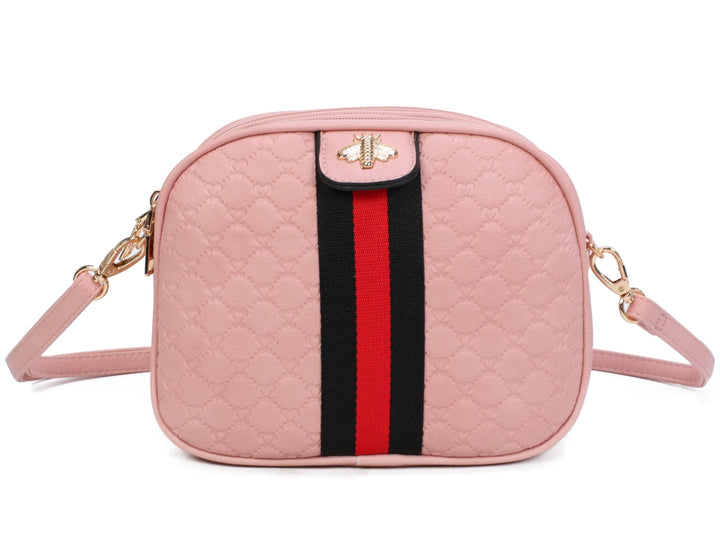 A pink quilted bee design cross body bag with a detachable and adjustable strap, featuring golden tone metal hardware.