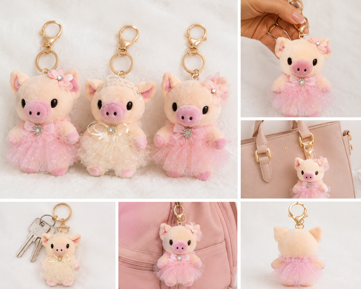 Soft plush pig princess keyring charm with glitter tulle dress, gold clip and key ring 