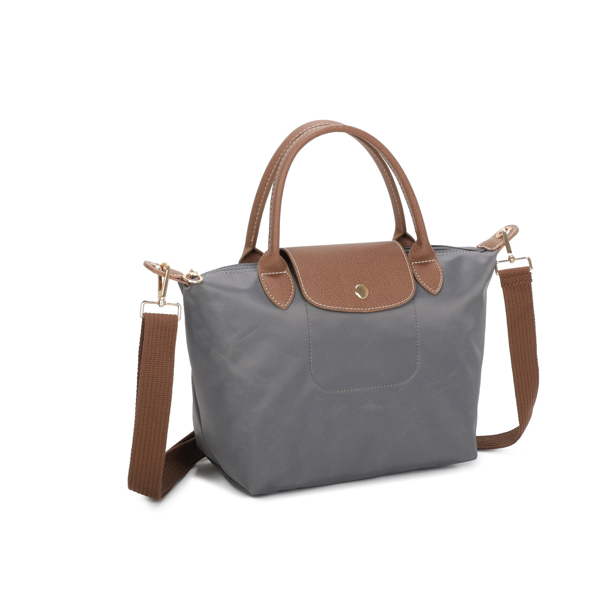 Gray handbag with brown handles and strap