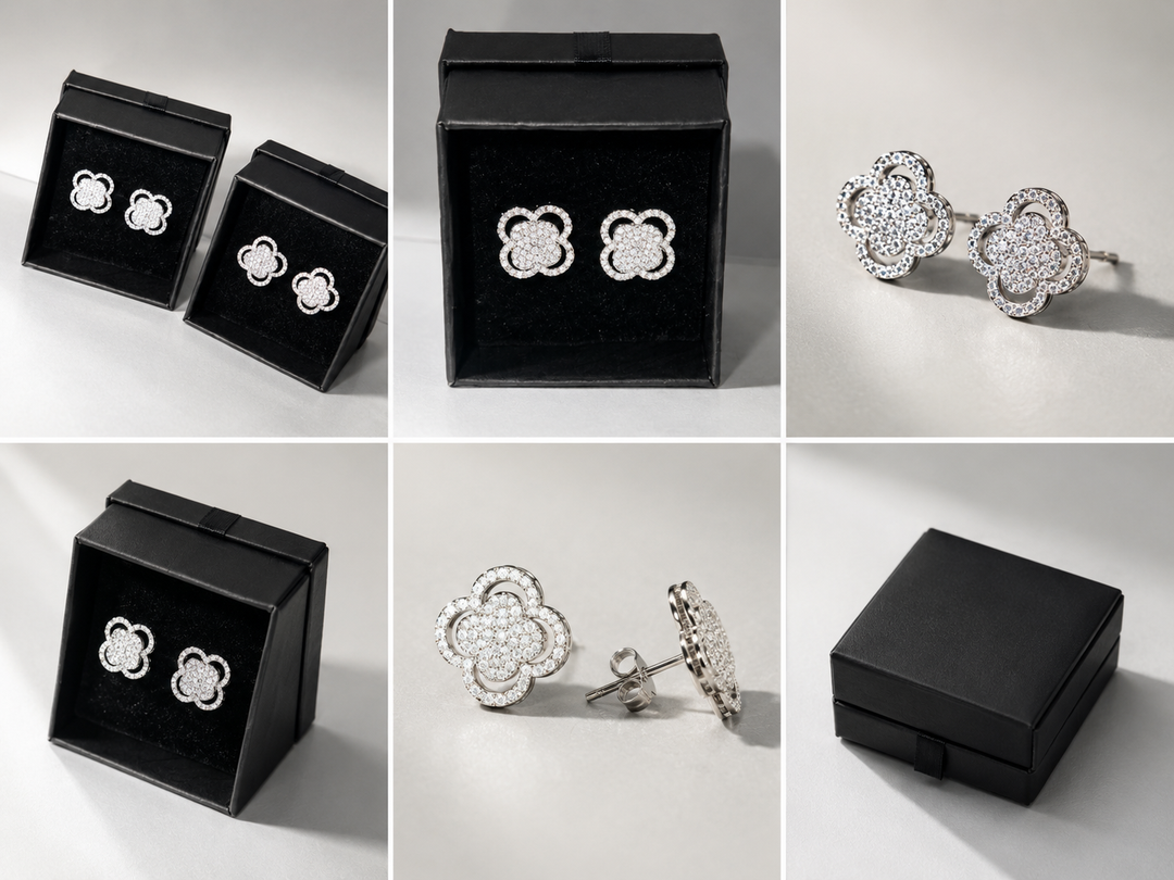 Silver crystal clover stud earrings with sparkling pavé detailing 