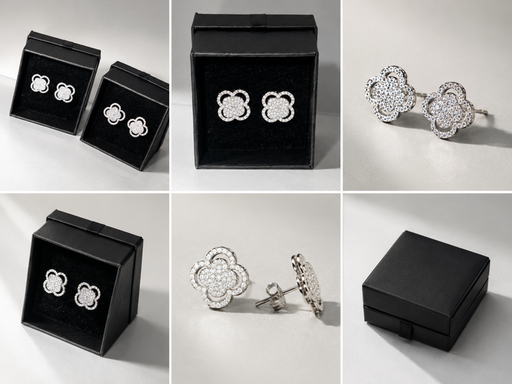 Silver crystal clover stud earrings with sparkling pavé detailing 