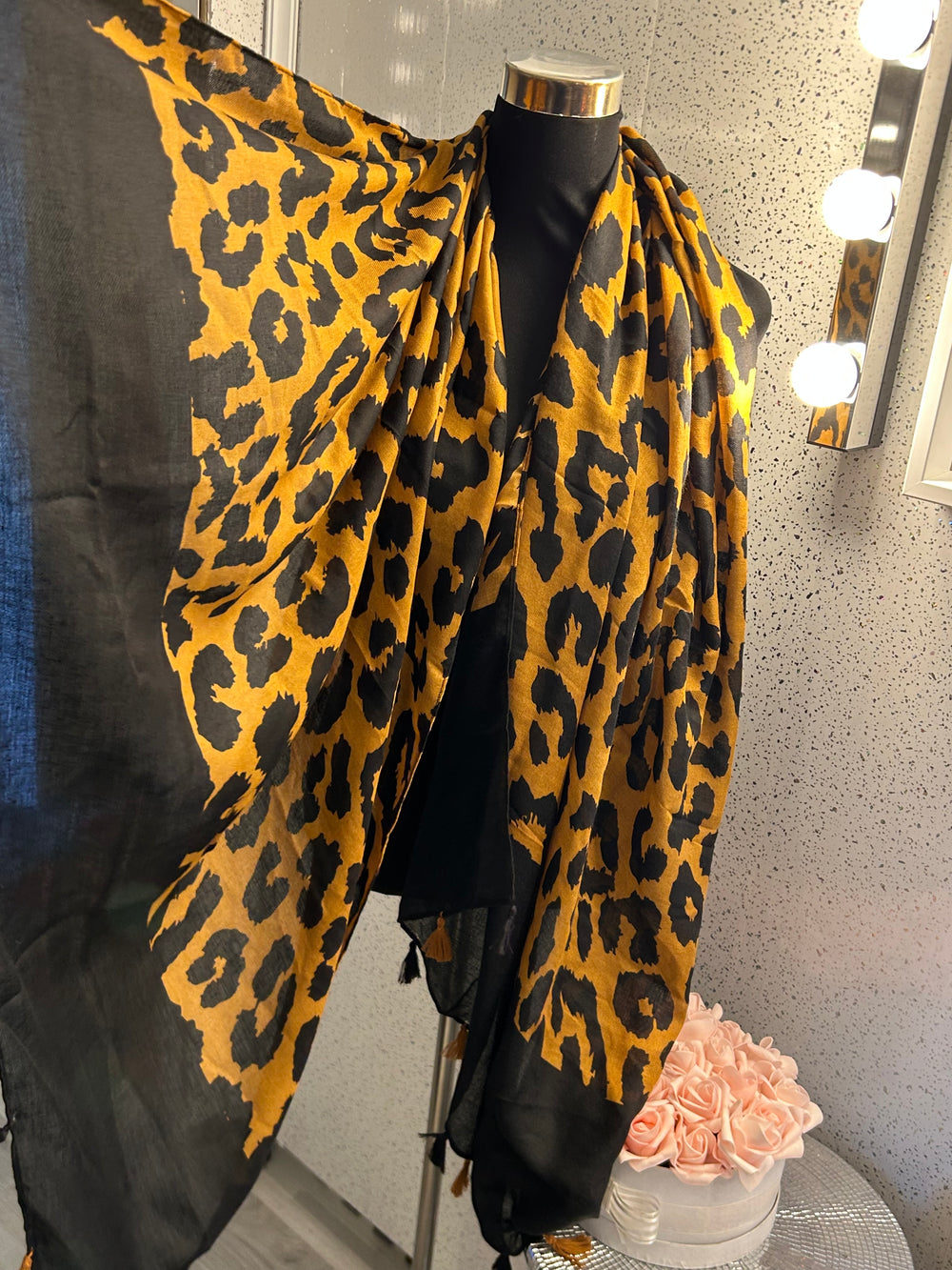 Black and yellow/ mustard leopard print design scarf 