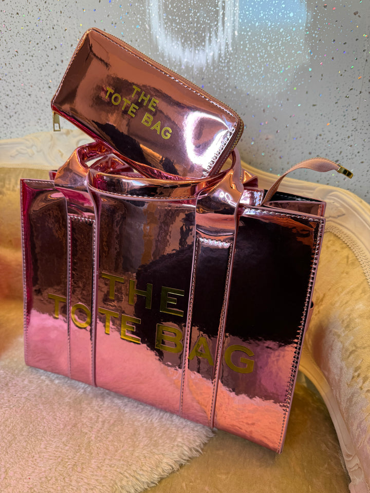 Metallic patent large tote bag and purse set