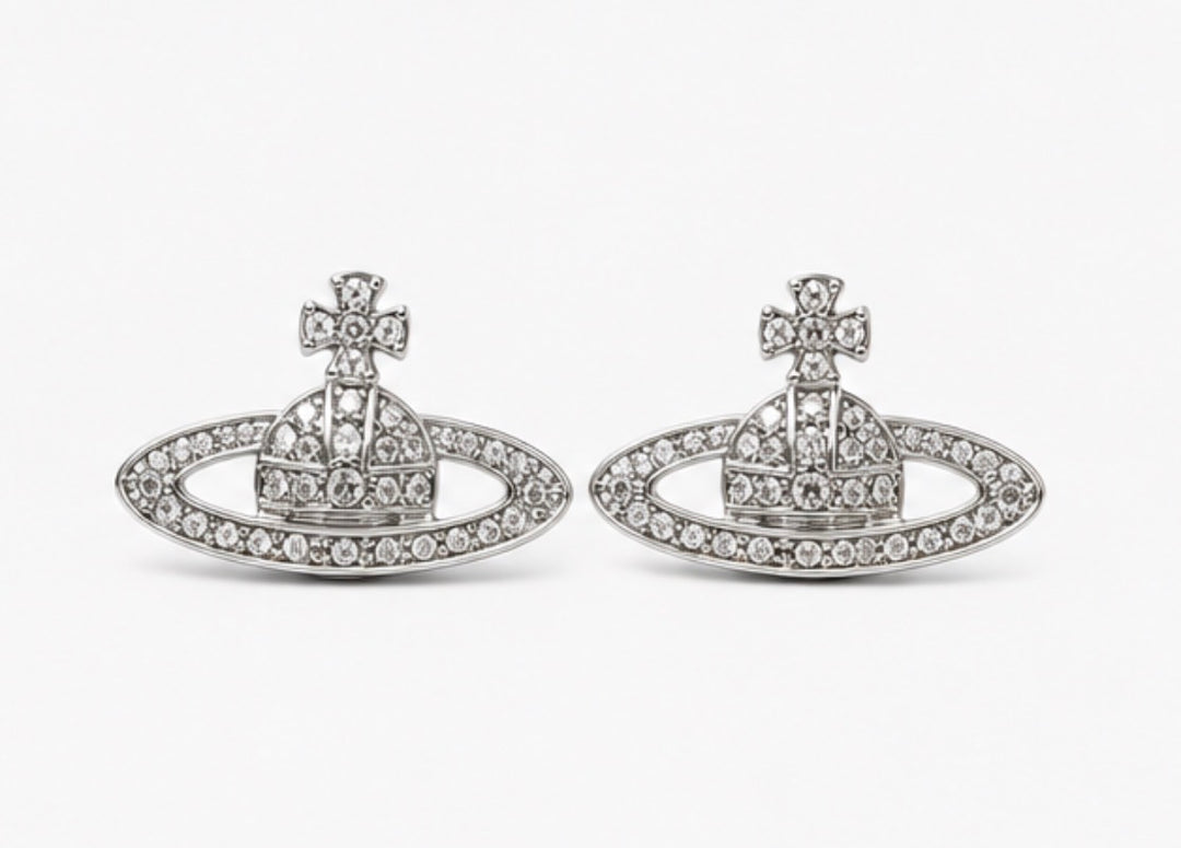Silver crystal orb stud earrings with sparkling rhinestone detailing 