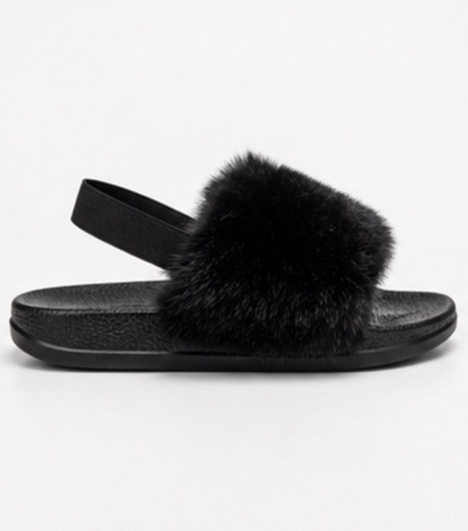 Black children’s fluffy faux fur sliders with elastic back strap