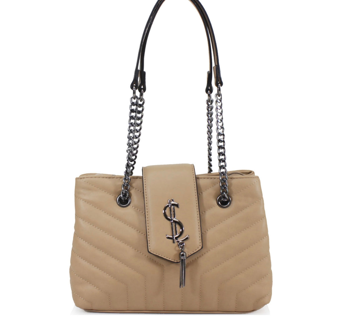 Beige quilted medium size handbag with metal hardware, chain straps and flap closure