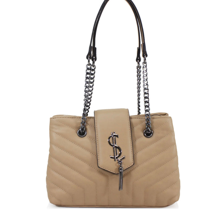 Beige quilted medium size handbag with metal hardware, chain straps and flap closure