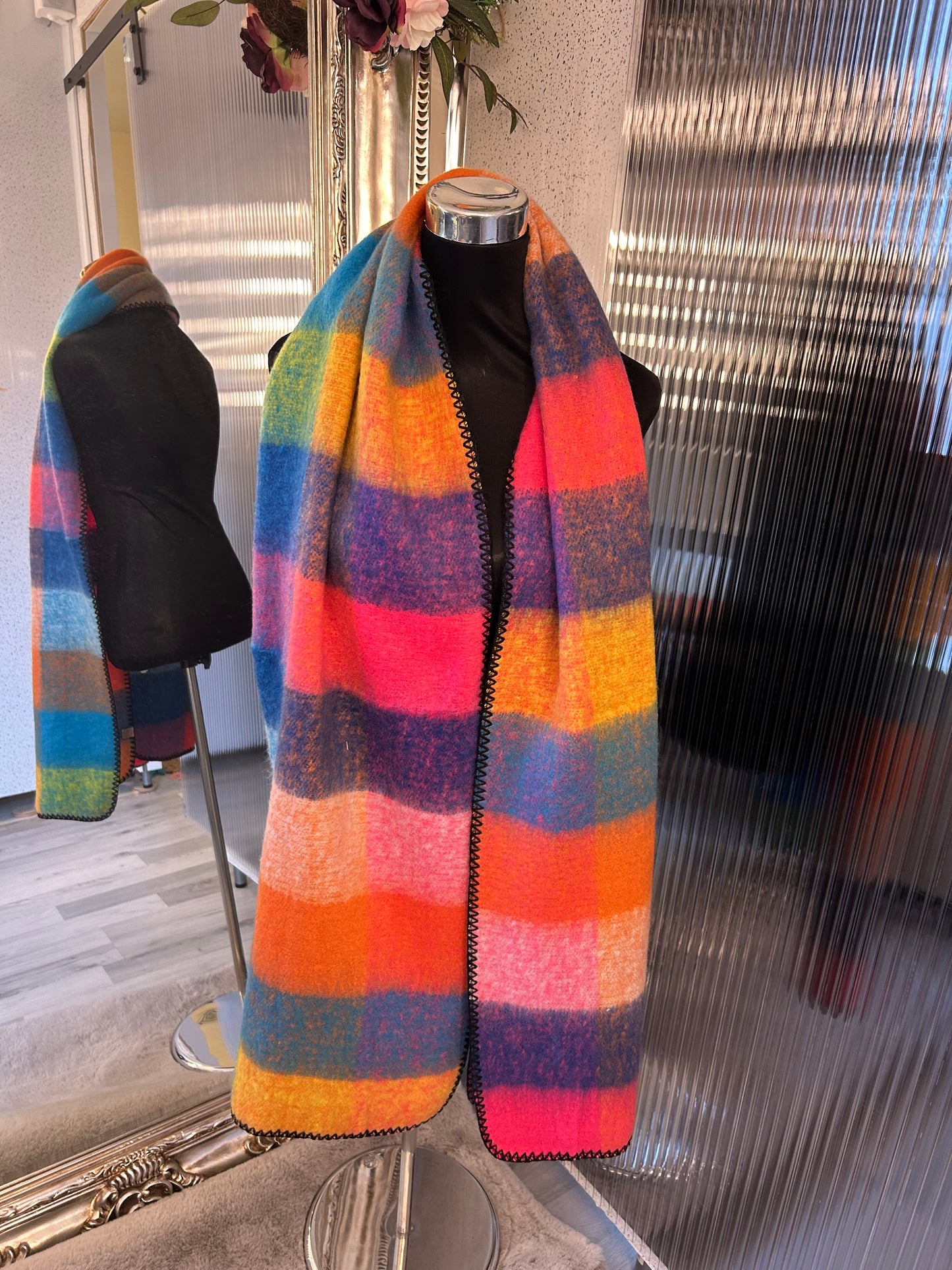 Colourful checked fluffy scarves