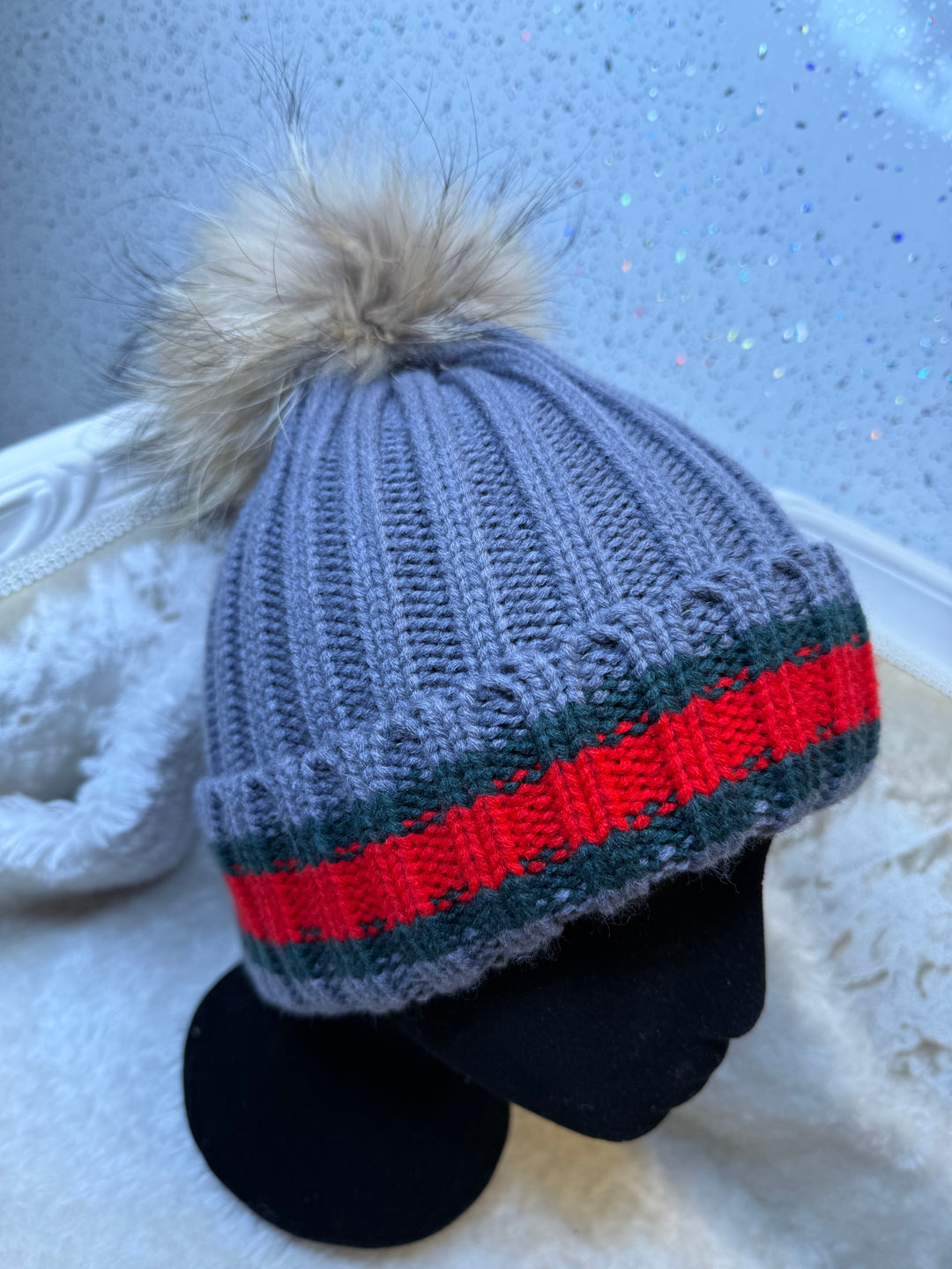 Stripe Hat with Removable Fur Pom Pom