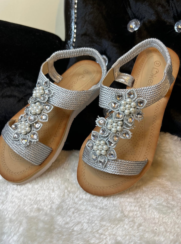 Silver embellished flat sandals with crystal and pearl detailing
