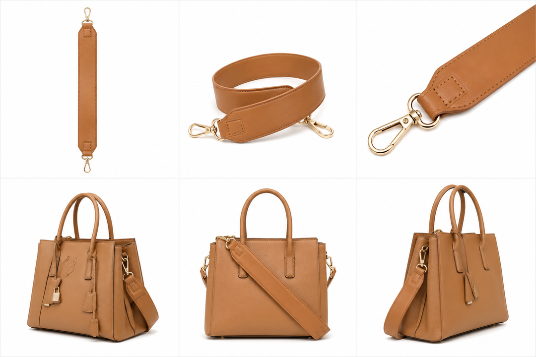 Tan handbag strap with gold hardware