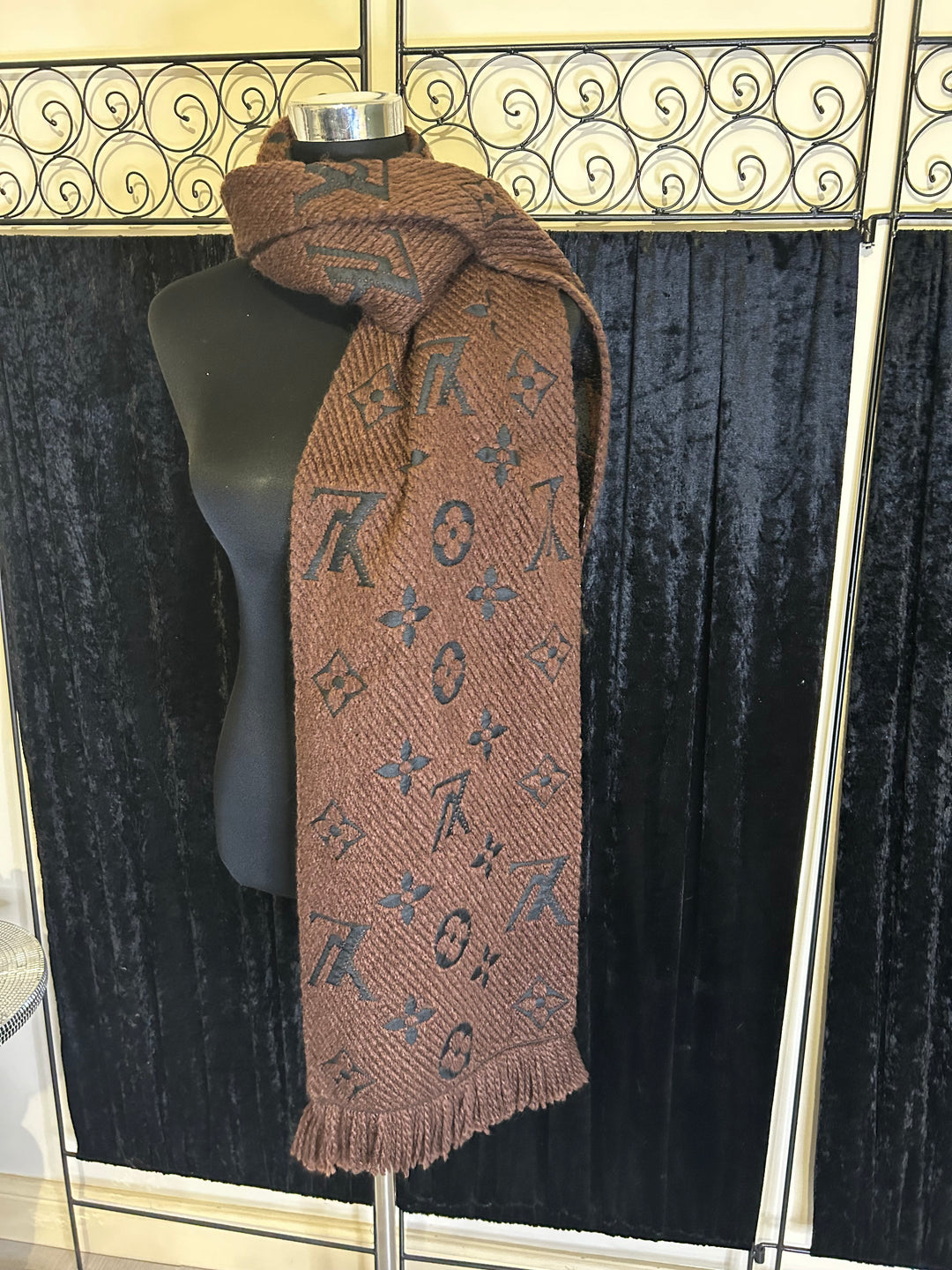 bold inspired letter print design scarf in brown and black