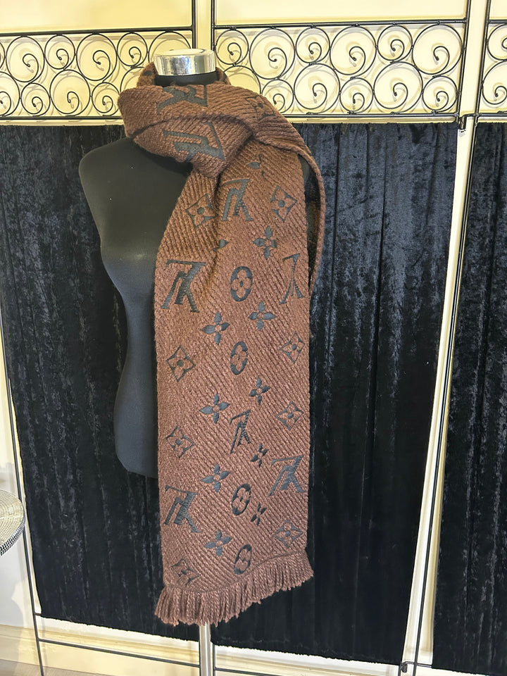 bold inspired letter print design scarf in brown and black