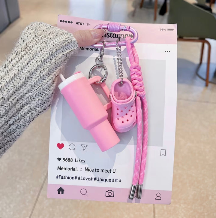     Pink charm keychain with mini cup and clog shoe accessory