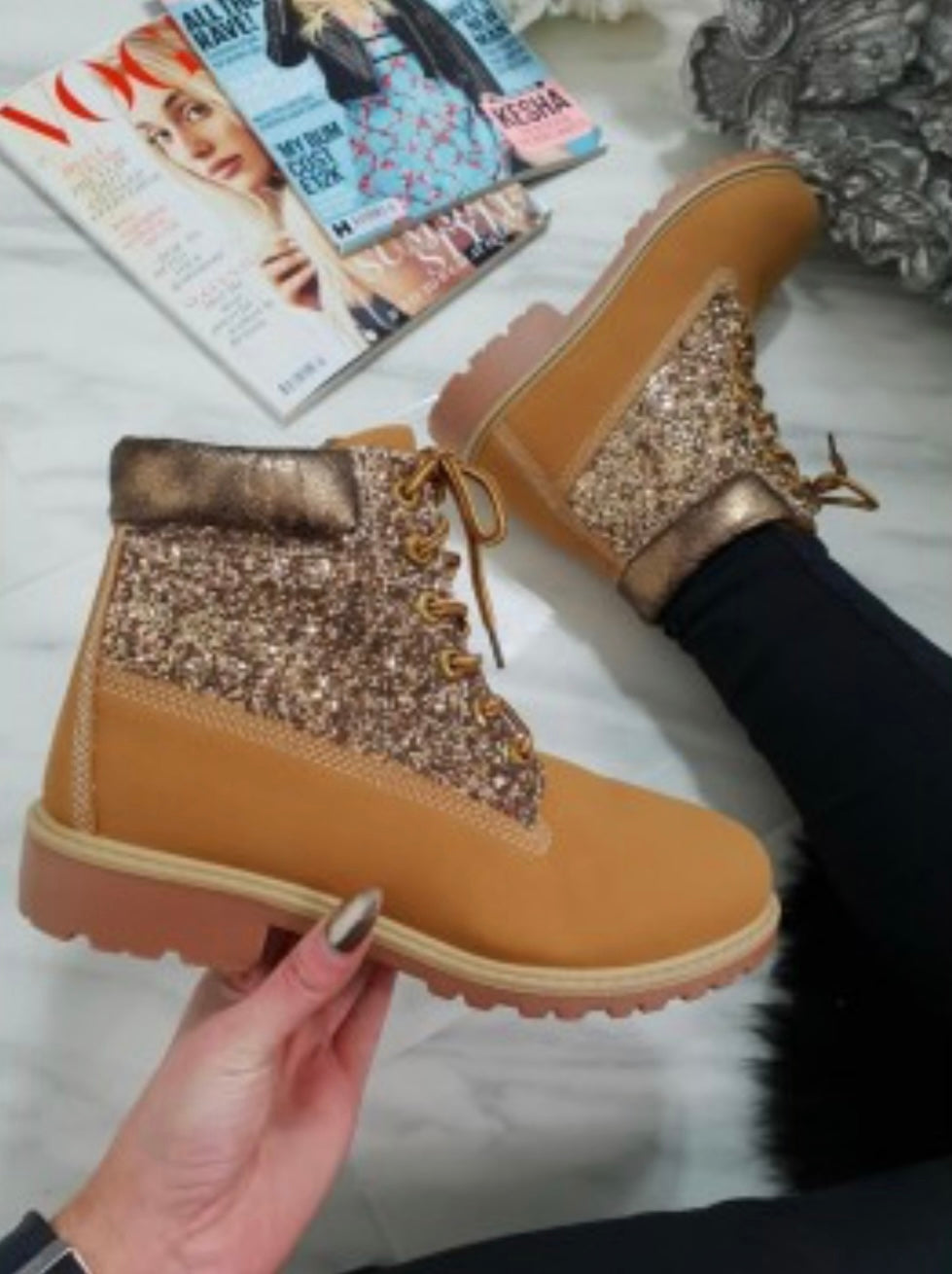 Camel boots with gold glitter embelished sparkle detail