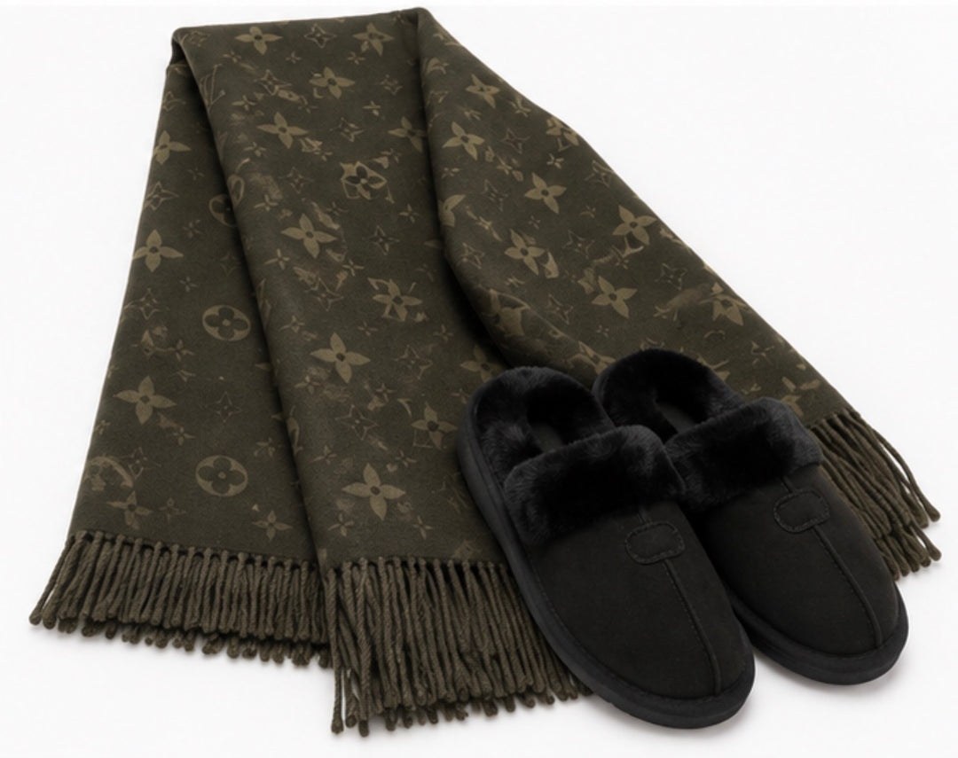Luxury winter gift bundle featuring a soft scarf paired with black faux fur lined slippers
