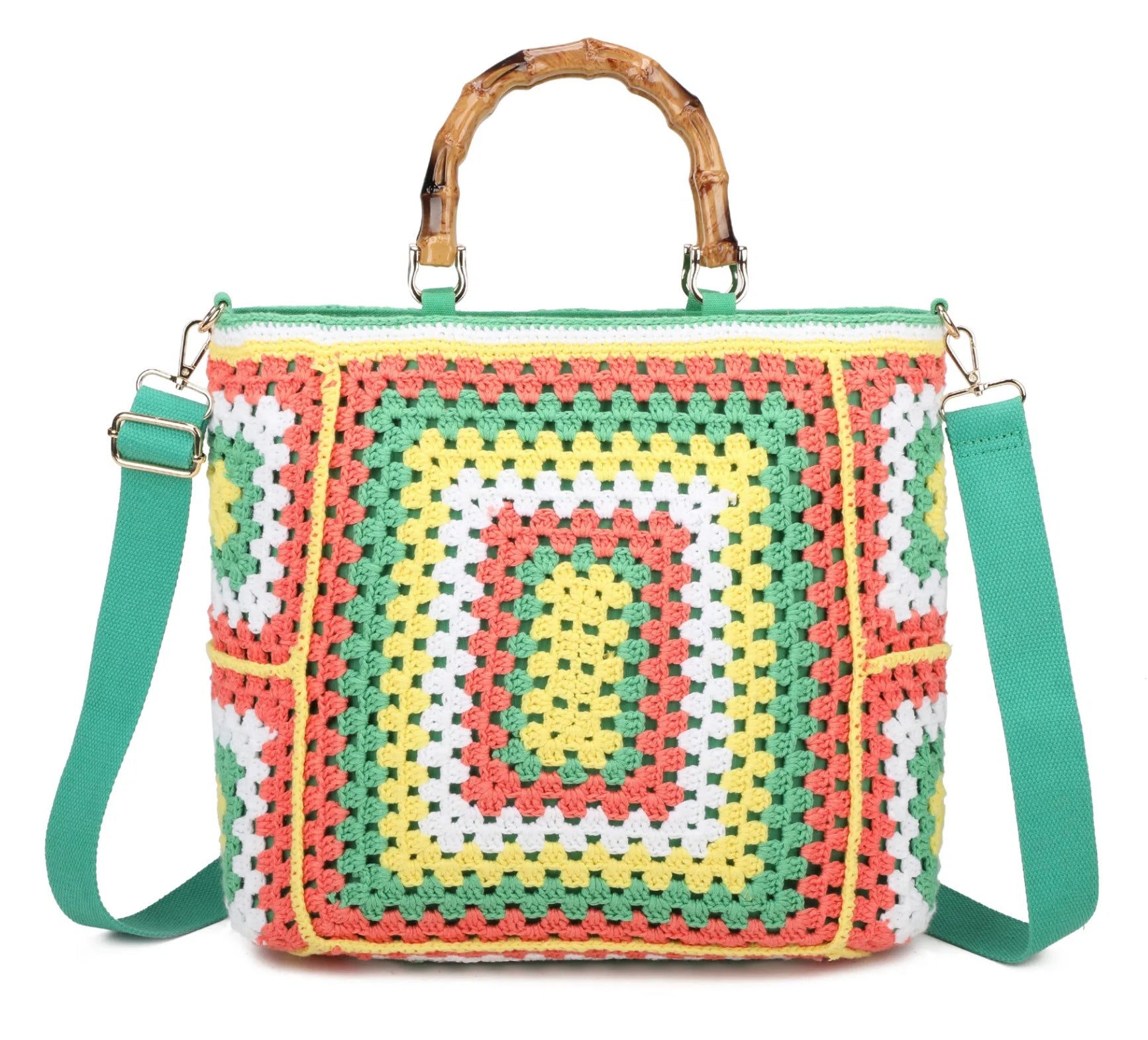 Green based crochet grab bags with bamboo handles and a top zip closure