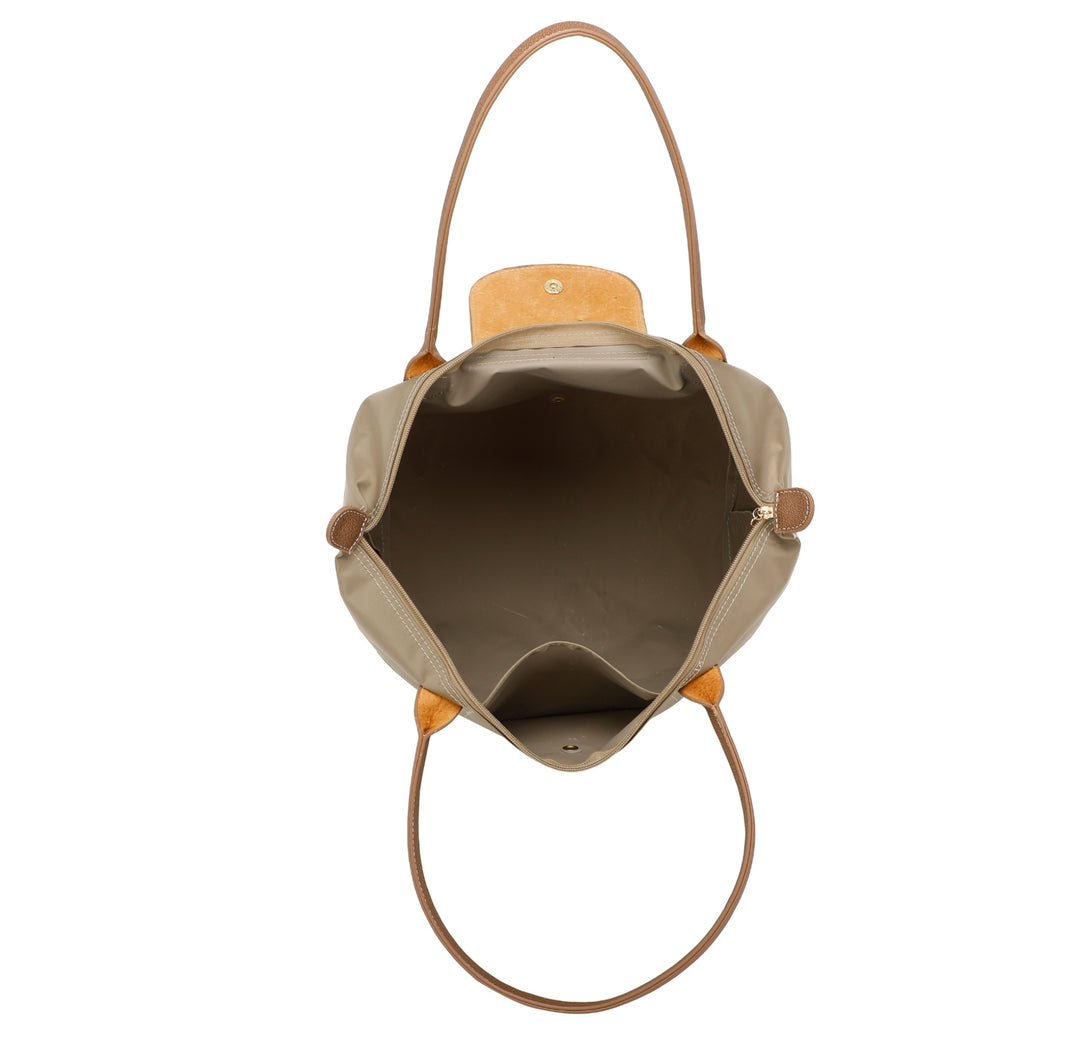 Beige handbag with brown leather accents