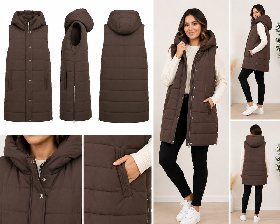 Long brown padded gilet with hood, quilted design and front zip fastening, sleeveless puffer bodywarmer with pockets