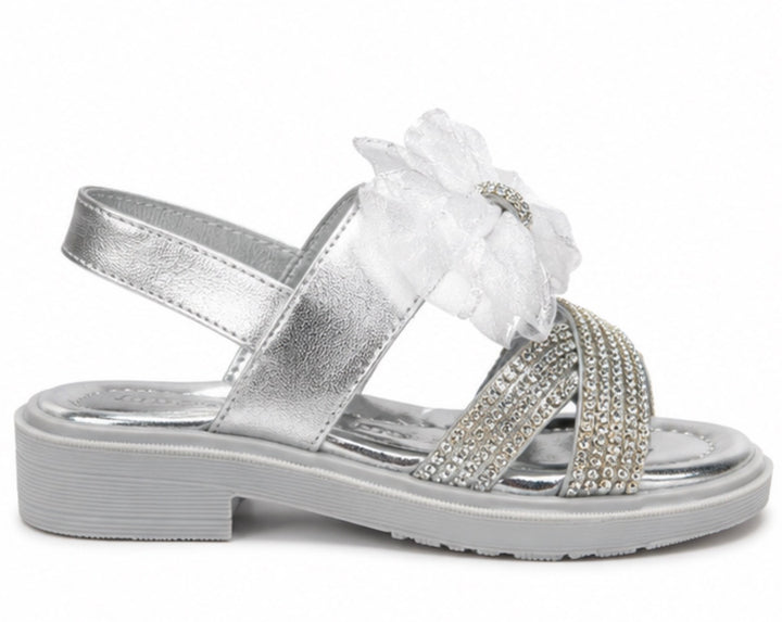 Silver girls’ sandals with sparkling diamanté crossover straps, oversized glitter mesh bow detail 