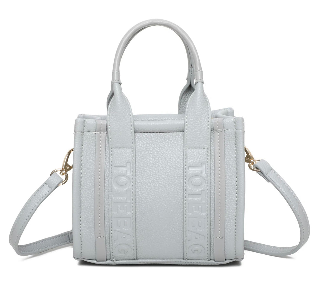 Light grey tote bag text handbag with gold detail 