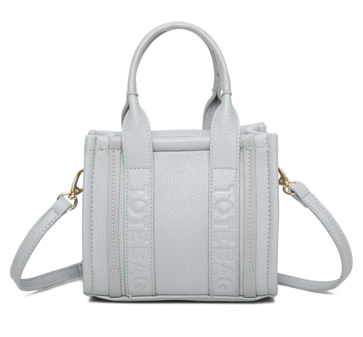Light grey tote bag text handbag with gold detail 