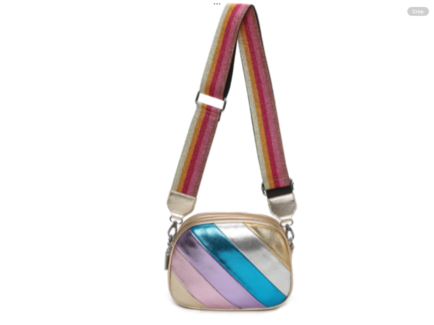 Multi coloured base gold striped bag with glittery strap