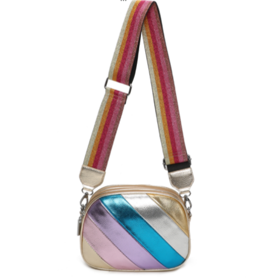 Multicoloured metallic striped crossbody bag with glittery strap 