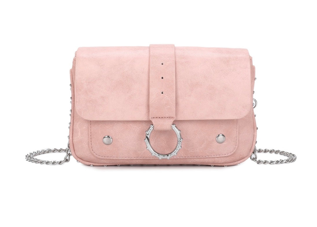 faux leather crossbody bag with silver chain strap and statement ring detail fastening.