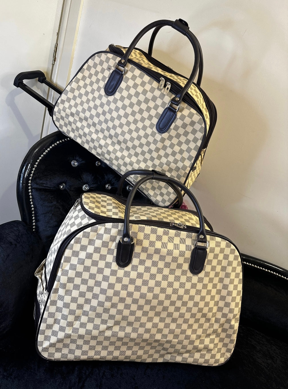 Cream checked holdall with wheels