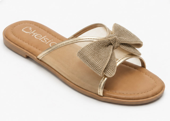 Black Mesh Bow Flat Sandals with Rhinestone Detail