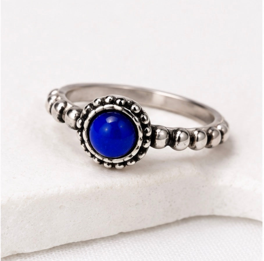 Silver Beaded Gemstone Ring – Assorted Colours