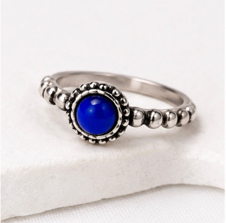 Silver Beaded Gemstone Ring – Assorted Colours