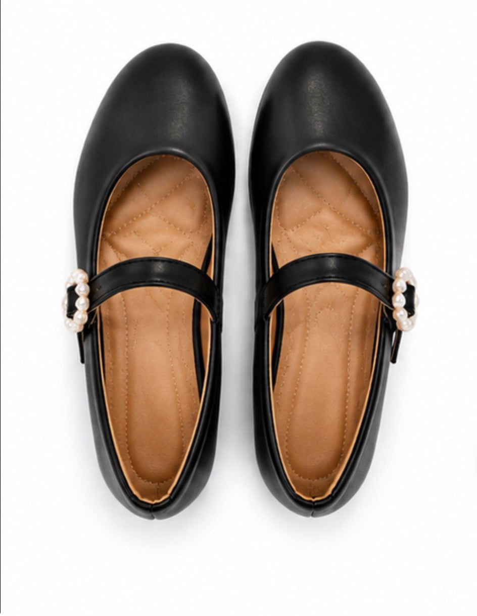 Black Pearl Buckle Mary Jane Shoes