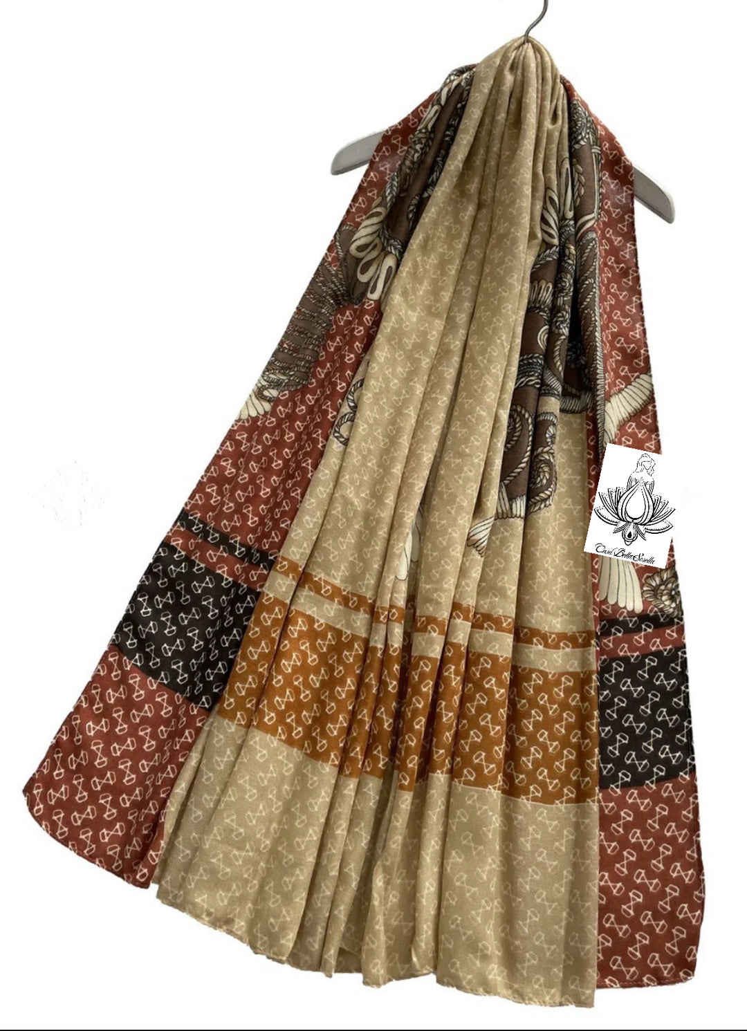 A multicoloured scarf with floral and geometric patterns.